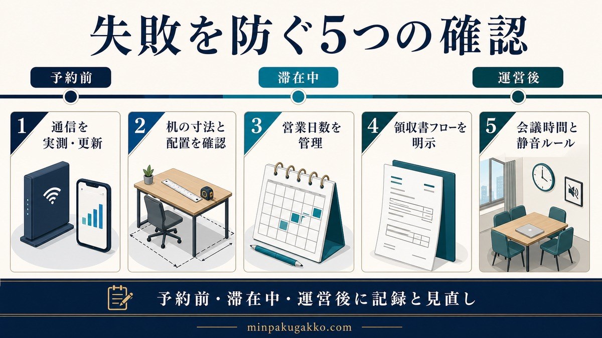 通信実測、机配置、営業日数、領収書フロー、会議時間と静音ルールの5つの失敗防止策を示す図解