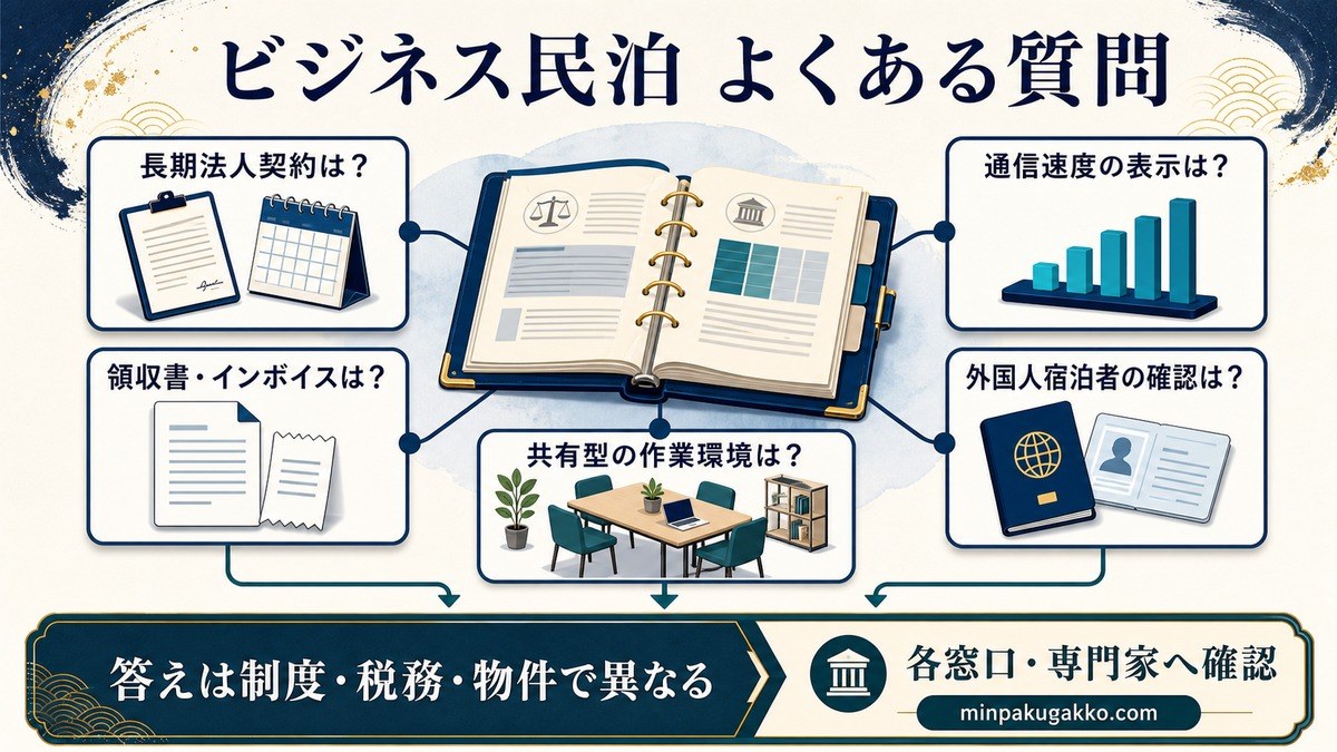 長期法人契約、通信速度表示、領収書・インボイス、外国人宿泊者確認、共有型作業環境のよくある質問を整理した図解