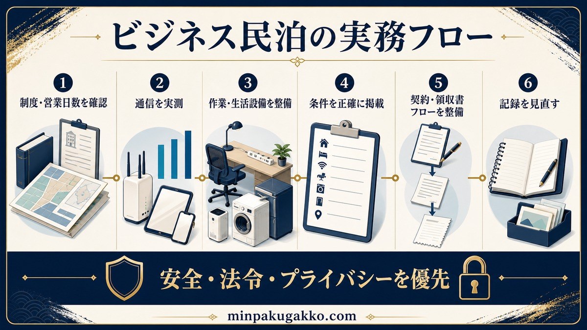 制度・営業日数確認から通信実測、設備整備、正確な掲載、契約・領収書フロー、記録見直しへ進む6段階の実務図
