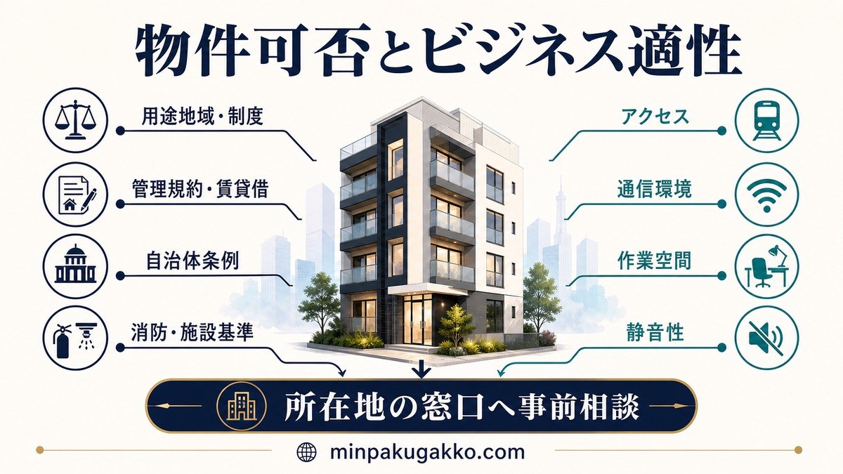 物件可否を用途地域・制度、管理規約・賃貸借、自治体条例、消防・施設基準とビジネス適性から確認する図解