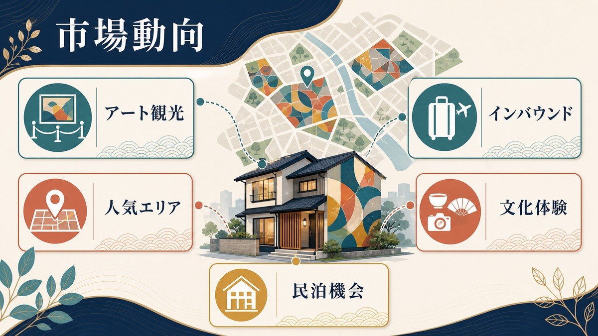 ストリートアート・グラフィティツーリズムの市場動向としてアート観光、インバウンド、人気エリア、文化体験、民泊機会を整理した図解