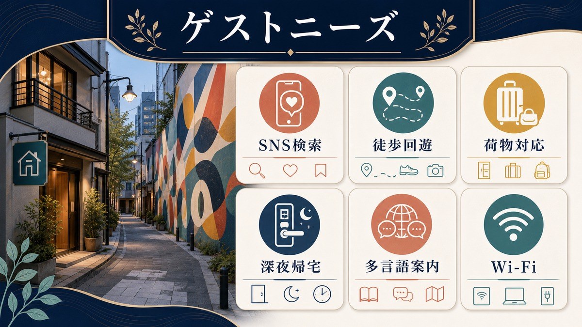 アート観光ゲストのニーズとしてSNS検索、徒歩回遊、荷物対応、深夜帰宅、多言語案内、Wi-Fiを整理した図解