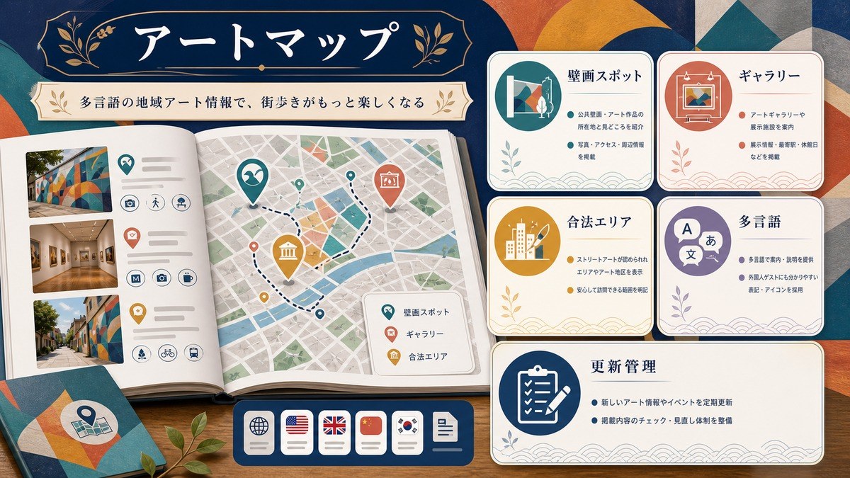 近隣ストリートアートマップの整備として壁画スポット、ギャラリー、合法エリア、多言語、更新管理を整理した図解