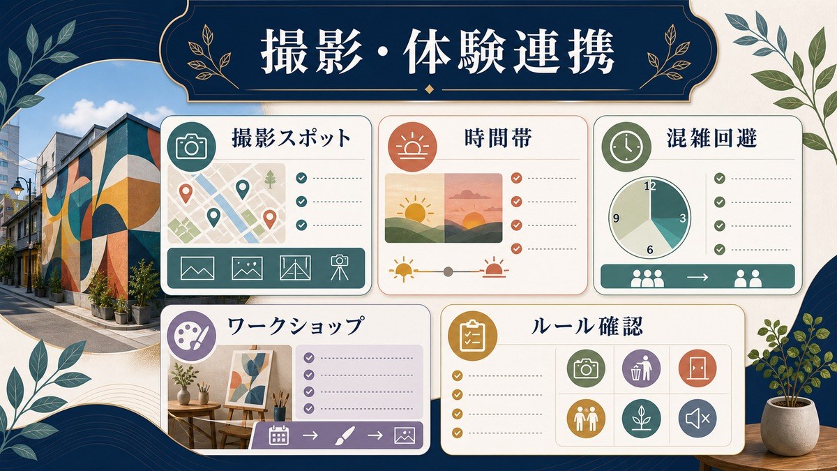 写真撮影スポット案内とアート体験連携として撮影スポット、時間帯、混雑回避、ワークショップ、ルール確認を整理した図解