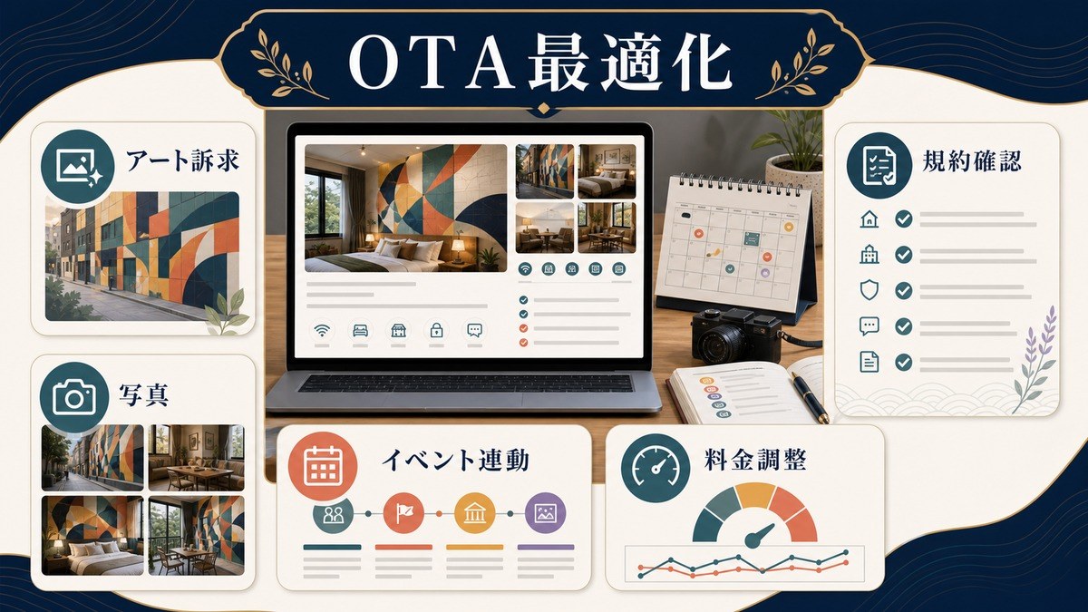アート観光向けOTA最適化としてアート訴求、写真、イベント連動、料金調整、規約確認を整理した図解