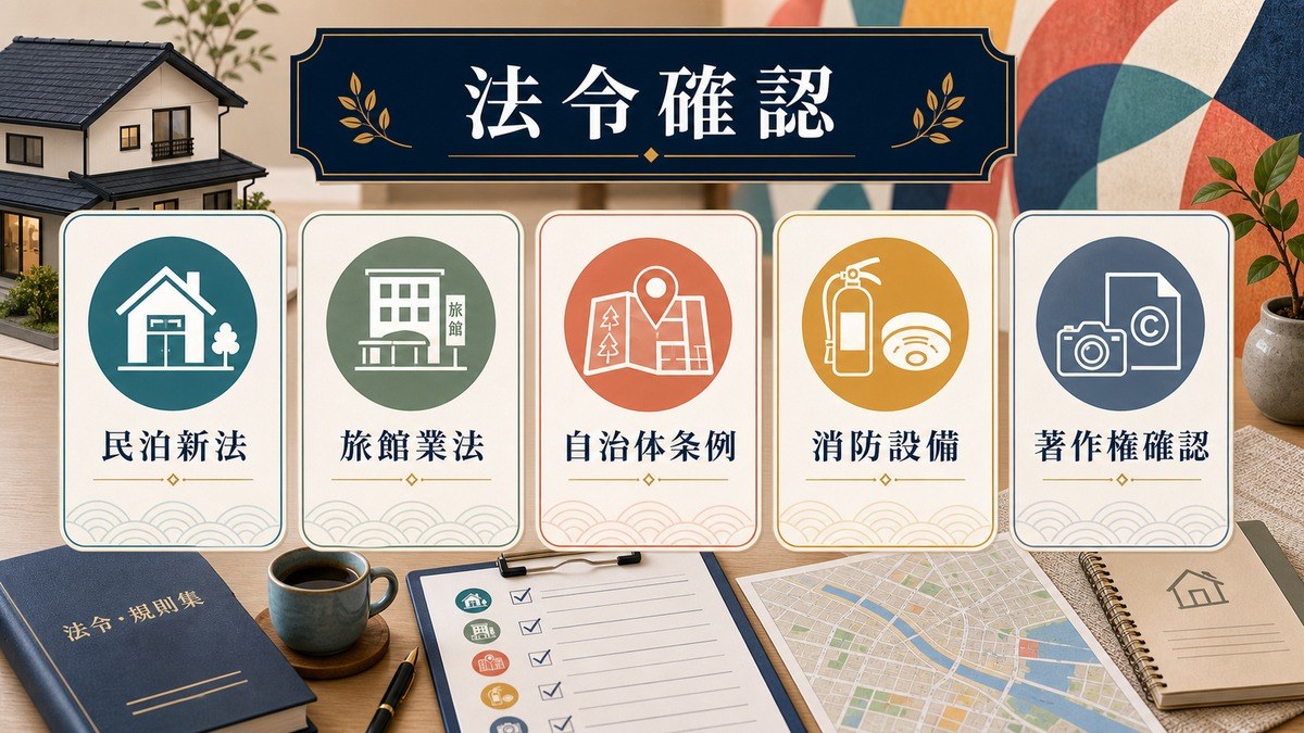 民泊運営の法令確認として民泊新法、旅館業法、自治体条例、消防設備、著作権確認を整理した図解