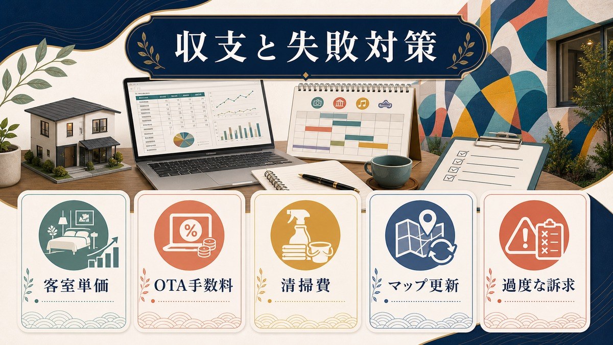 ストリートアート観光向け民泊の収支と失敗対策として客室単価、OTA手数料、清掃費、マップ更新、過度な訴求を整理した図解