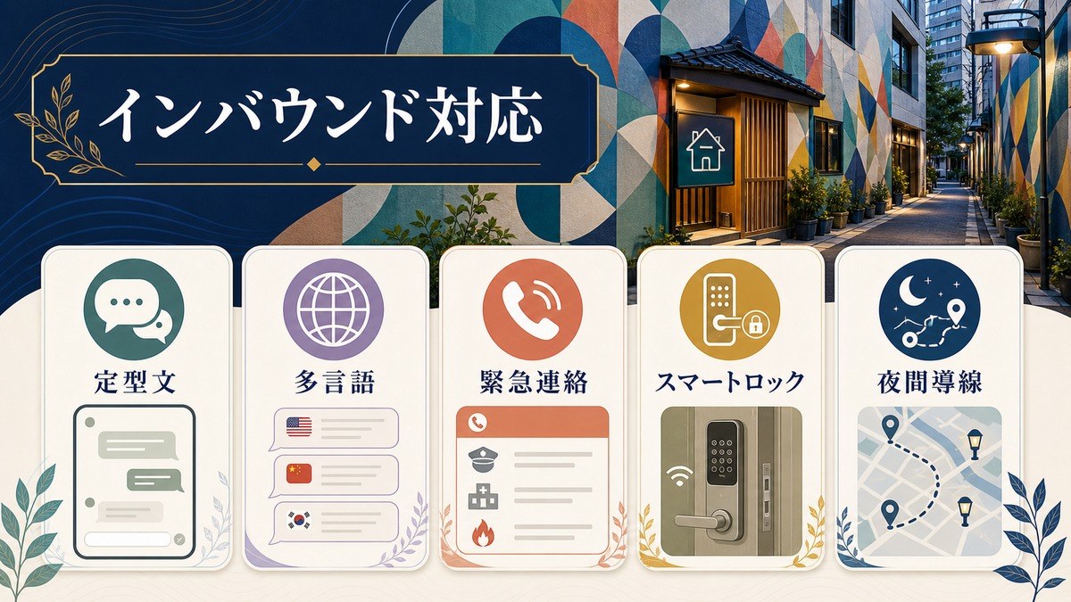 インバウンド対応として定型文、多言語、緊急連絡、スマートロック、夜間導線を整理した図解