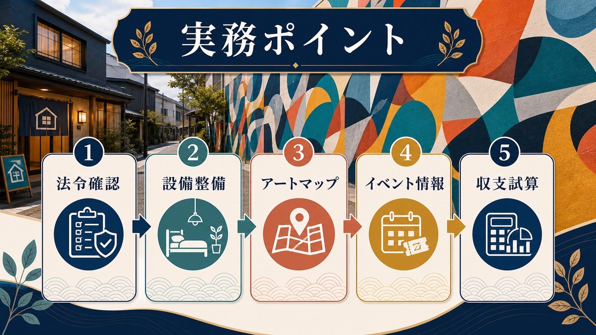 ストリートアート観光ゲスト対応民泊の実務ポイントとして法令確認、設備整備、アートマップ、イベント情報、収支試算を整理した図解