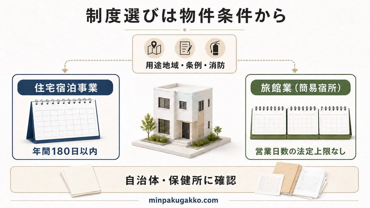 用途地域、条例、消防、稼働日数から住宅宿泊事業と旅館業を比較する判断フロー