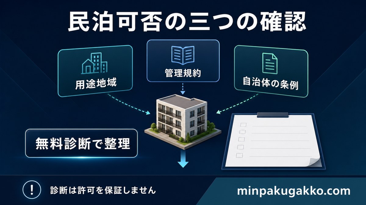 民泊可否を用途地域、管理規約、自治体条例の三項目から整理する無料診断の図