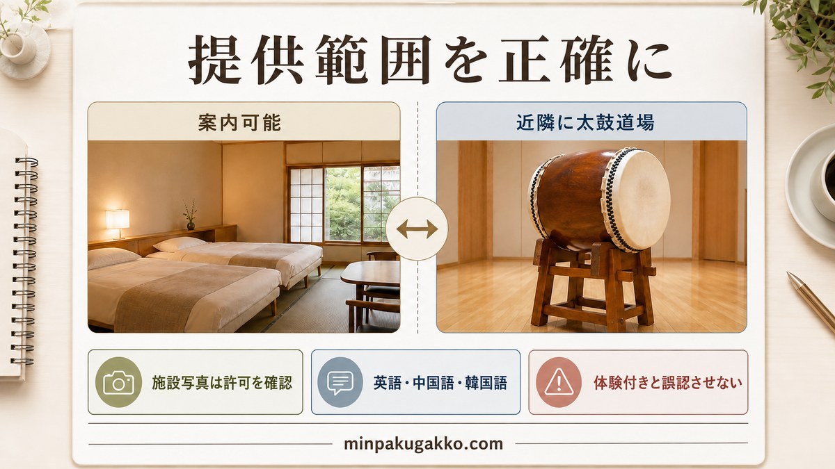 近隣の太鼓道場、写真利用許可、多言語案内を正確に示すOTA掲載設計の図