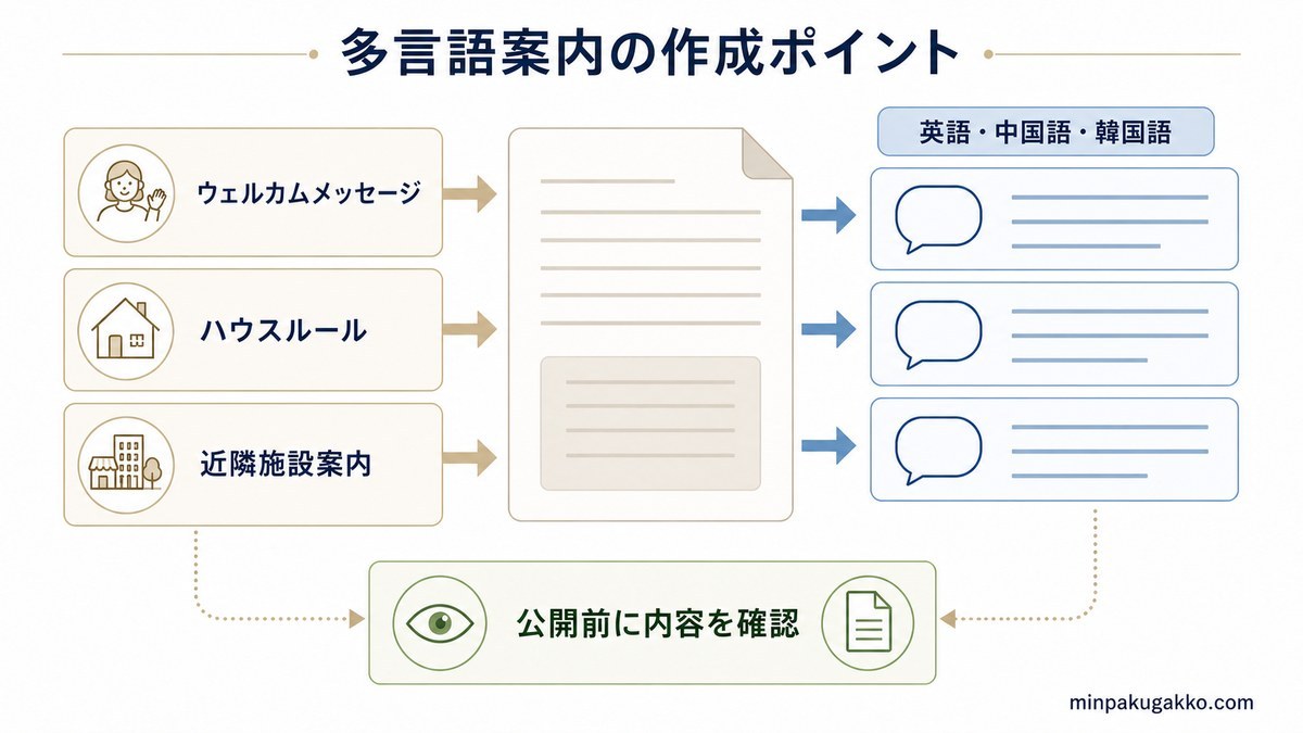 ウェルカムメッセージ、ハウスルール、近隣施設案内を多言語化する工程図