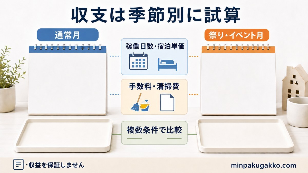 通常月と祭りイベント月の稼働日数、宿泊単価、費用を比較する収支試算図