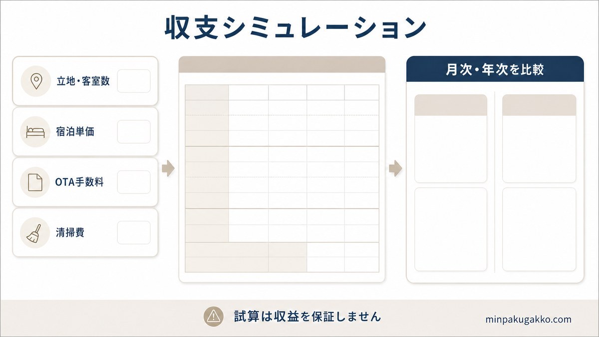 立地、客室数、宿泊単価、OTA手数料、清掃費から月次年次を比較する収支シミュレーション図