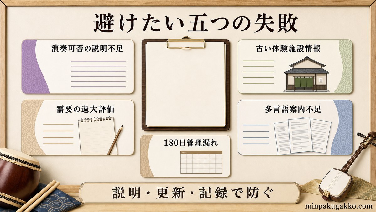 太鼓・和楽器テーマ民泊で避けたい五つの失敗と予防策を整理した図
