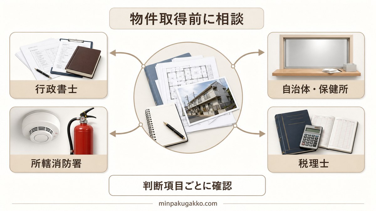 物件取得前に行政書士、自治体保健所、消防署、税理士へ相談する確認ルート