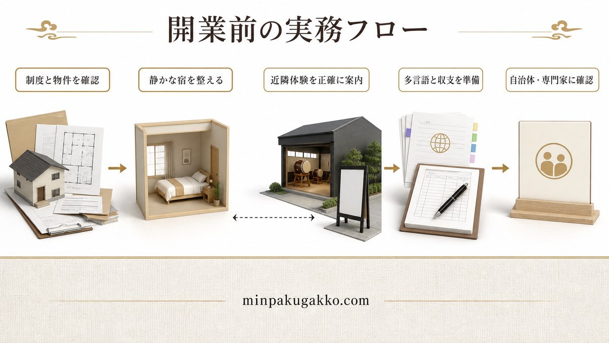 太鼓・和楽器体験民泊を制度確認、静かな宿、近隣体験案内、多言語と収支準備の順で示した図