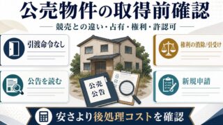 公売物件で民泊旅館業を始める前に競売との違い、占有、権利、許認可、後処理コストを確認する図解