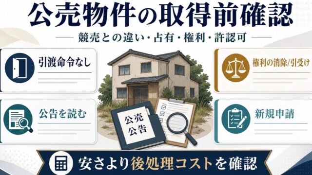 公売物件で民泊旅館業を始める前に競売との違い、占有、権利、許認可、後処理コストを確認する図解
