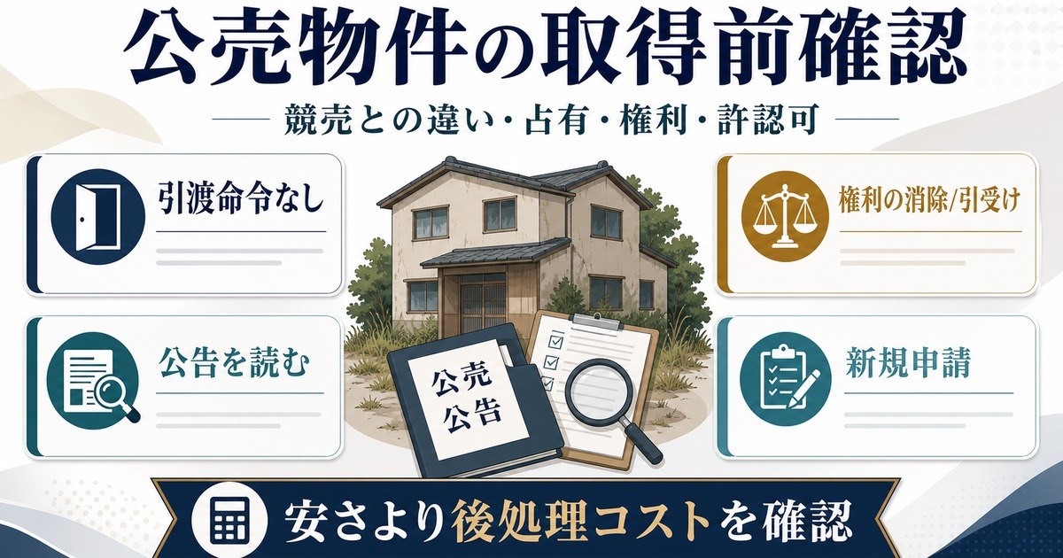 公売物件で民泊旅館業を始める前に競売との違い、占有、権利、許認可、後処理コストを確認する図解