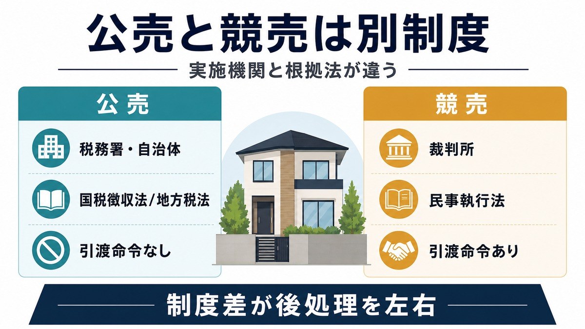 公売と競売の根拠法、実施機関、引渡命令の有無が落札後の後処理を左右することを示す図解