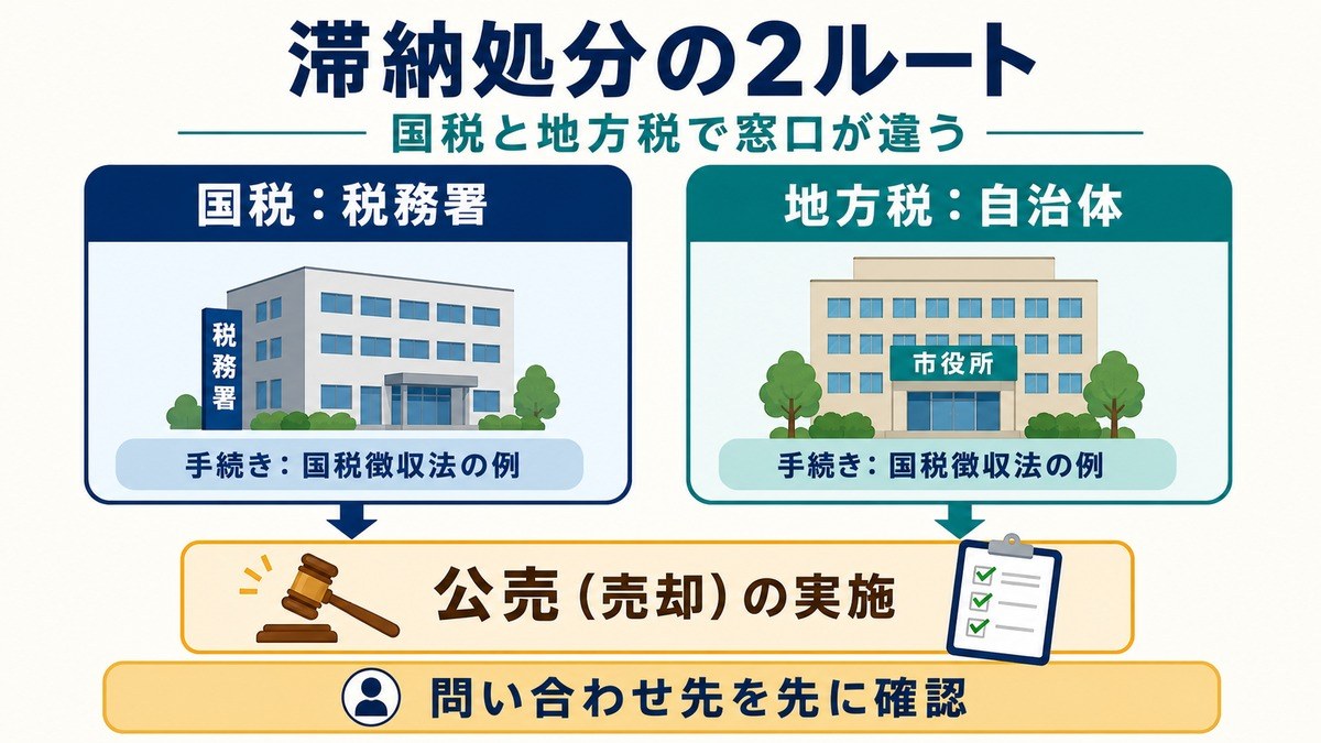 国税の公売と地方税の公売で問い合わせ先が税務署か自治体に分かれることを示す図解
