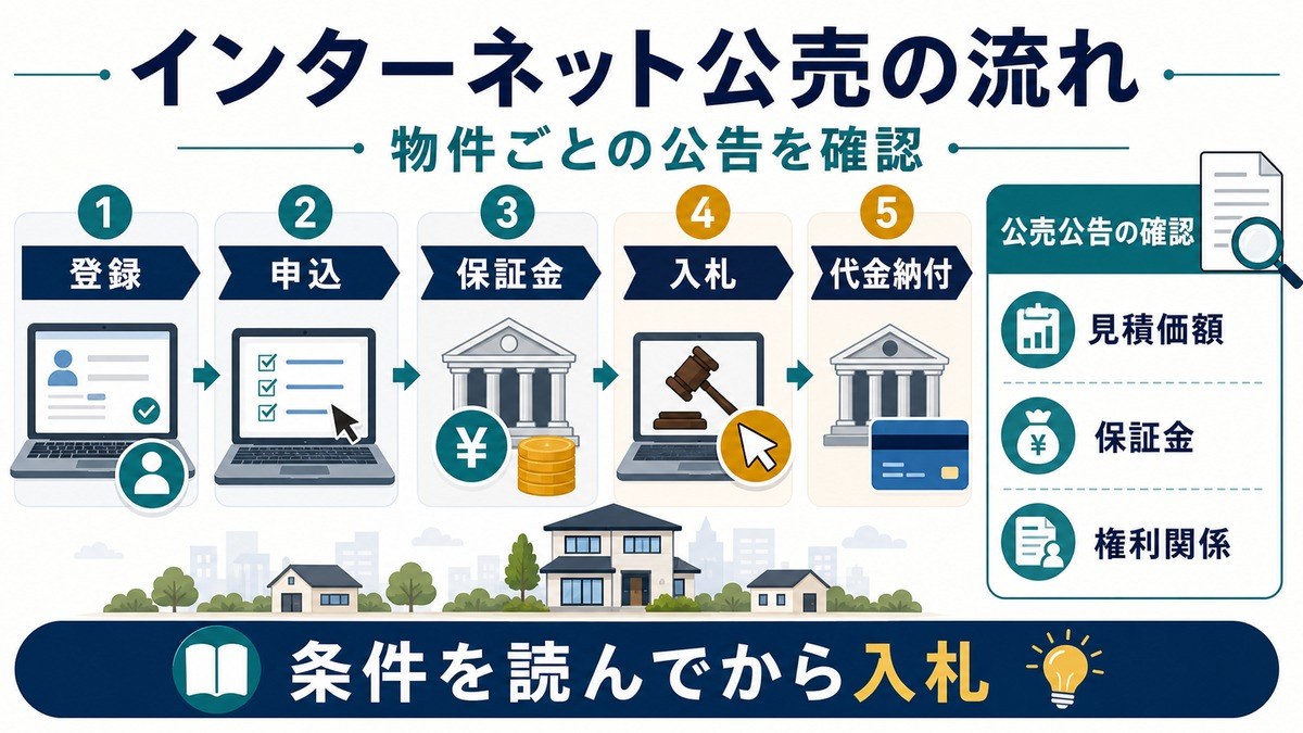 インターネット公売で登録、申込、保証金、入札、代金納付までの流れを確認する図解