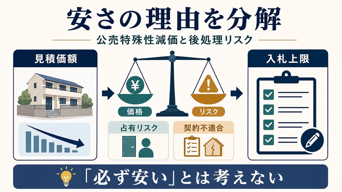 公売の見積価額が後処理リスクを反映し入札上限を慎重に決める必要があることを示す図解