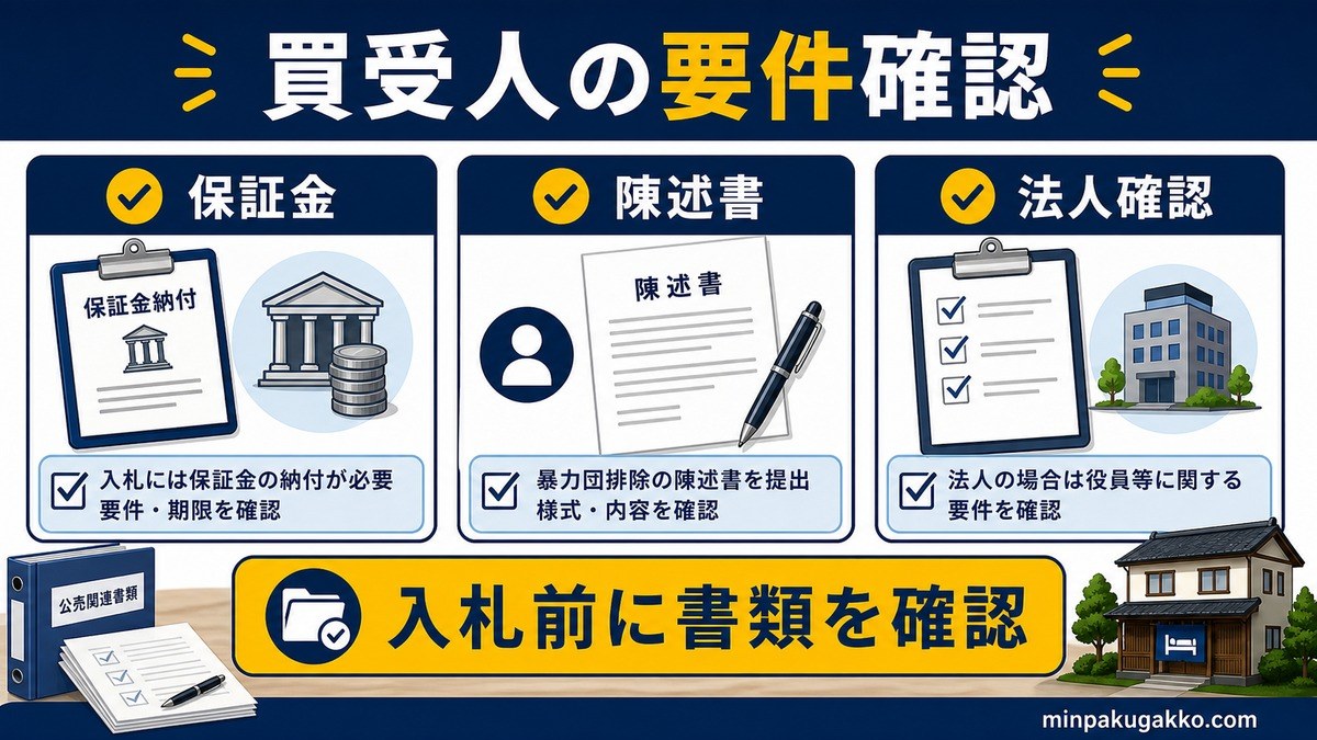 公売保証金、陳述書、法人役員確認など買受人の参加条件を入札前に整理する図解