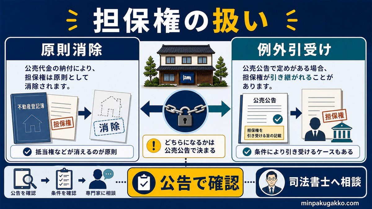 担保権は原則消除される一方で引受けとなる権利は公告確認が必要であることを示す図解