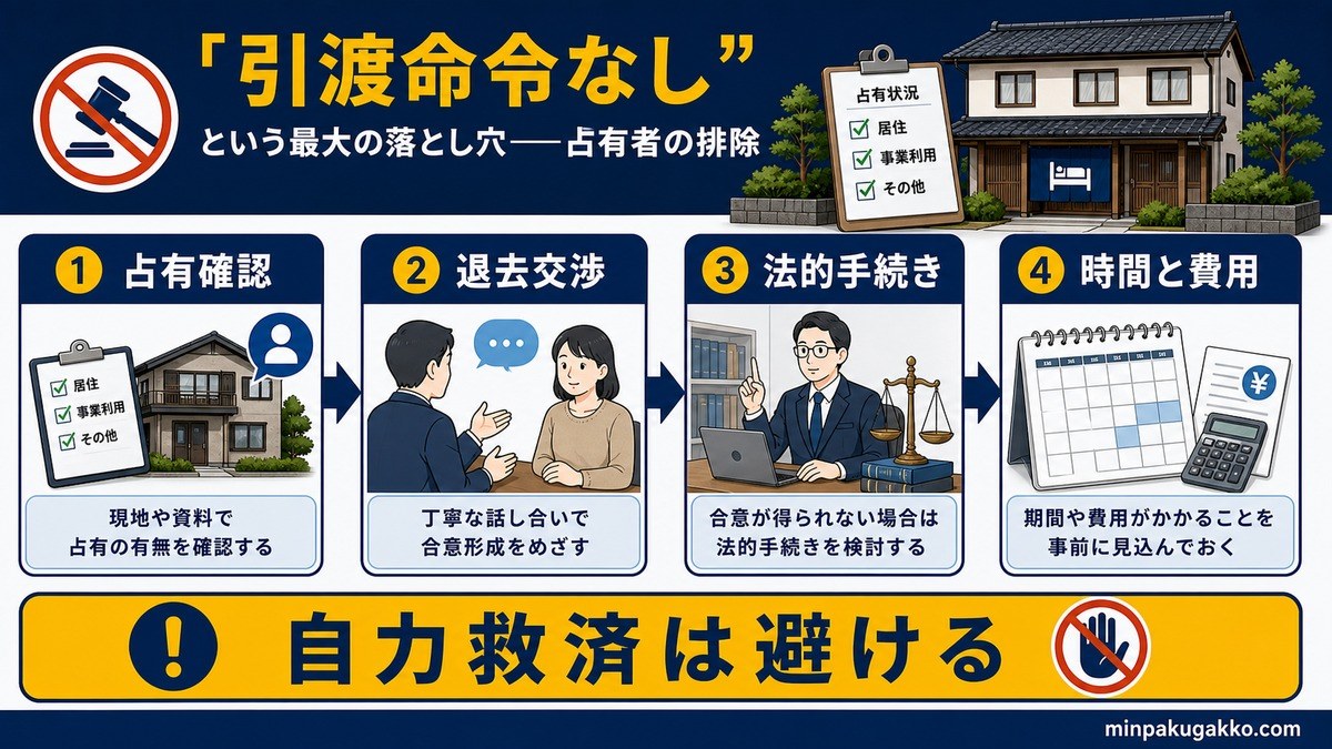 公売には引渡命令がなく占有者対応は交渉や法的手続きが必要になることを示す図解
