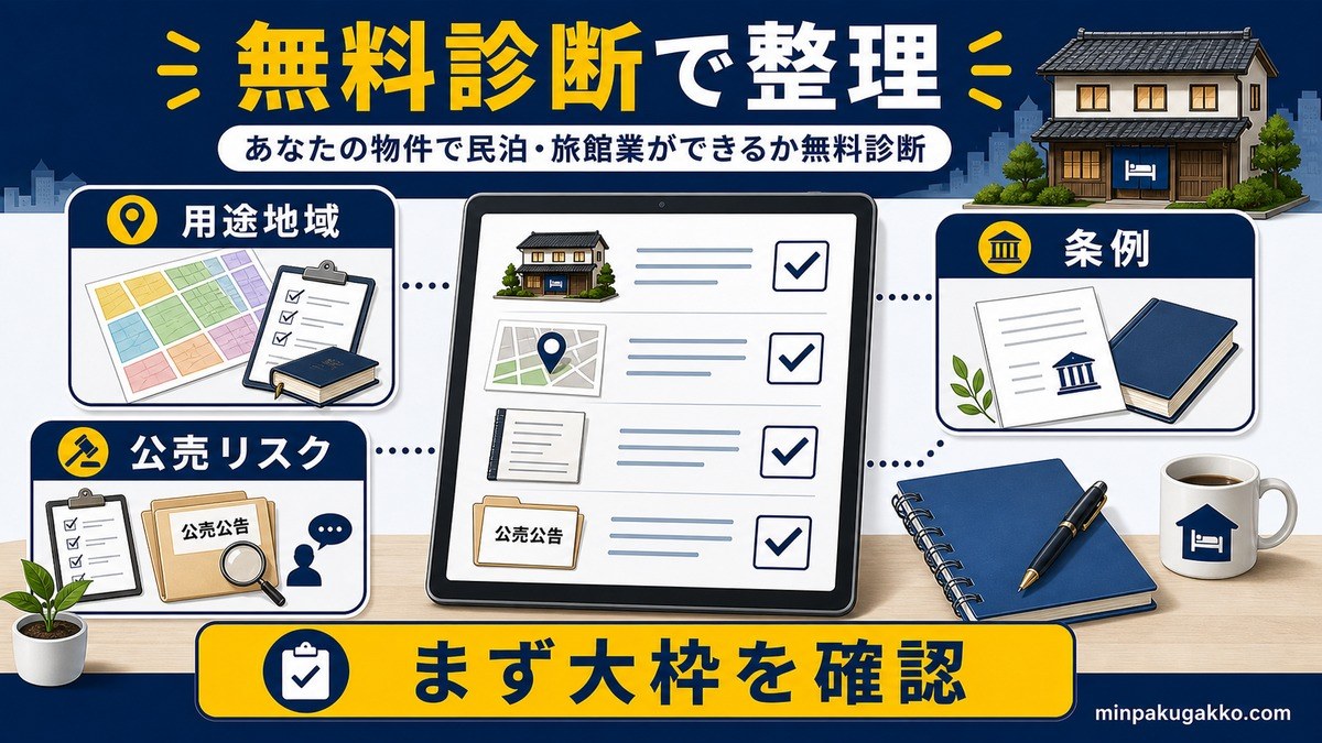 公売物件の検討でも用途地域、条例、管理規約を無料診断で大枠確認する図解