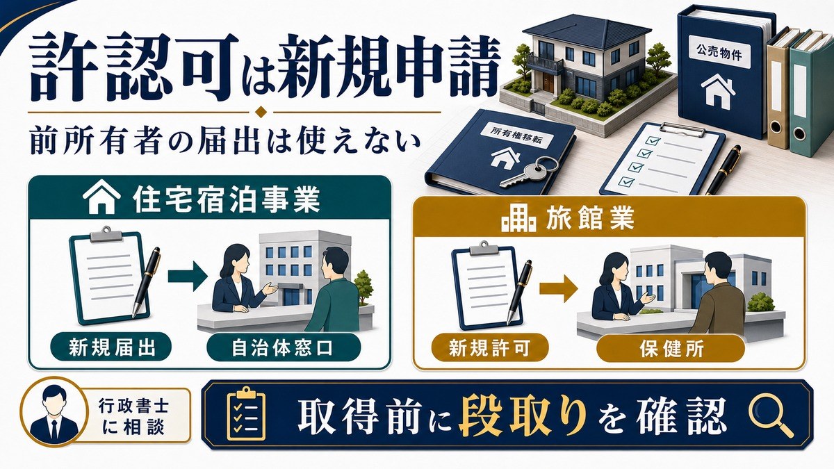 公売で取得した物件は住宅宿泊事業の新規届出と旅館業の新規許可を段取り確認する図解