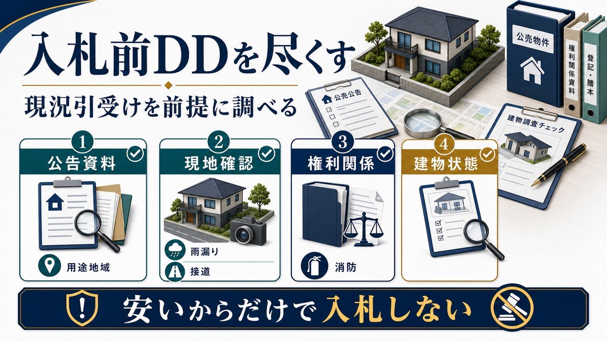 現況引受けを前提に公告資料、現地確認、権利関係、建物状態を入札前に調べる図解