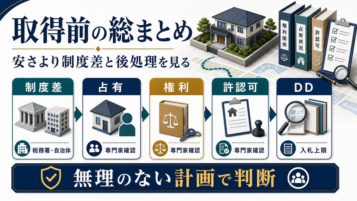 公売物件は制度差、占有、権利、許認可、DDを取得前に確認して判断するまとめ図解