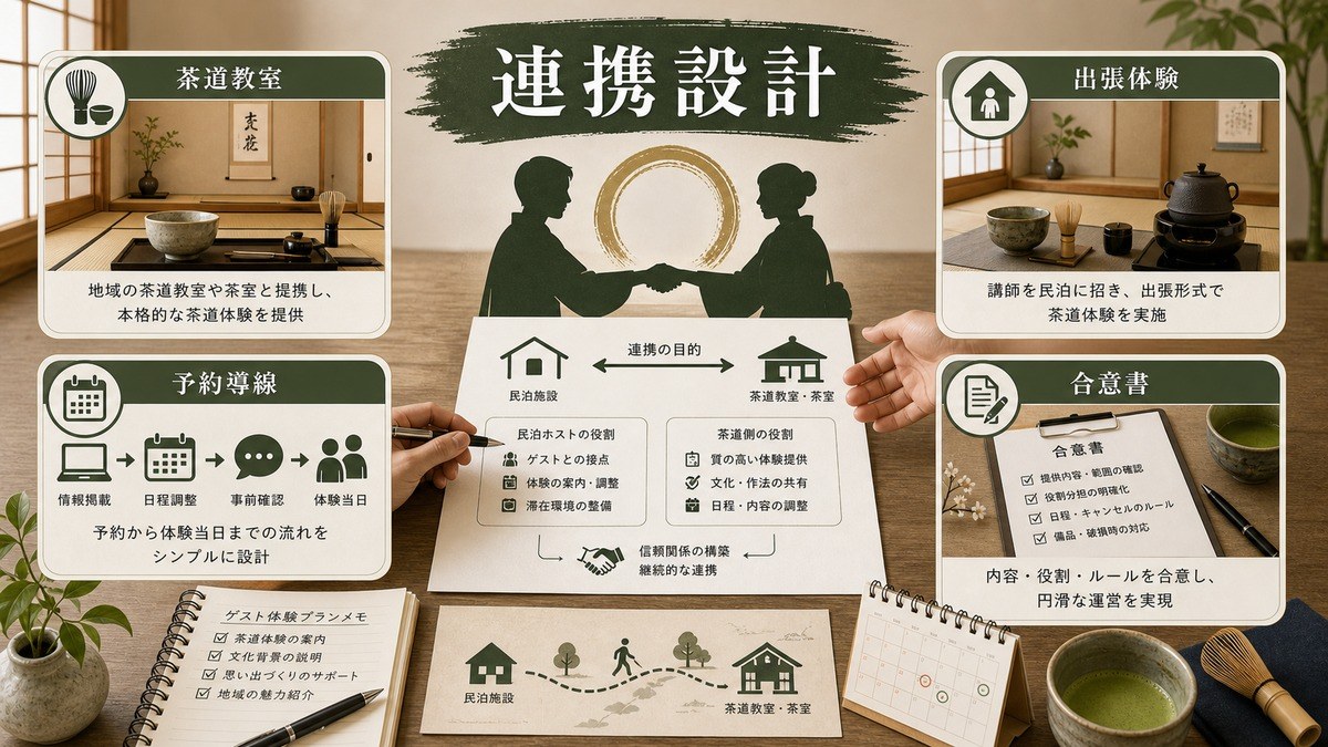 茶道教室や茶道師との連携プログラム設計を示す図解