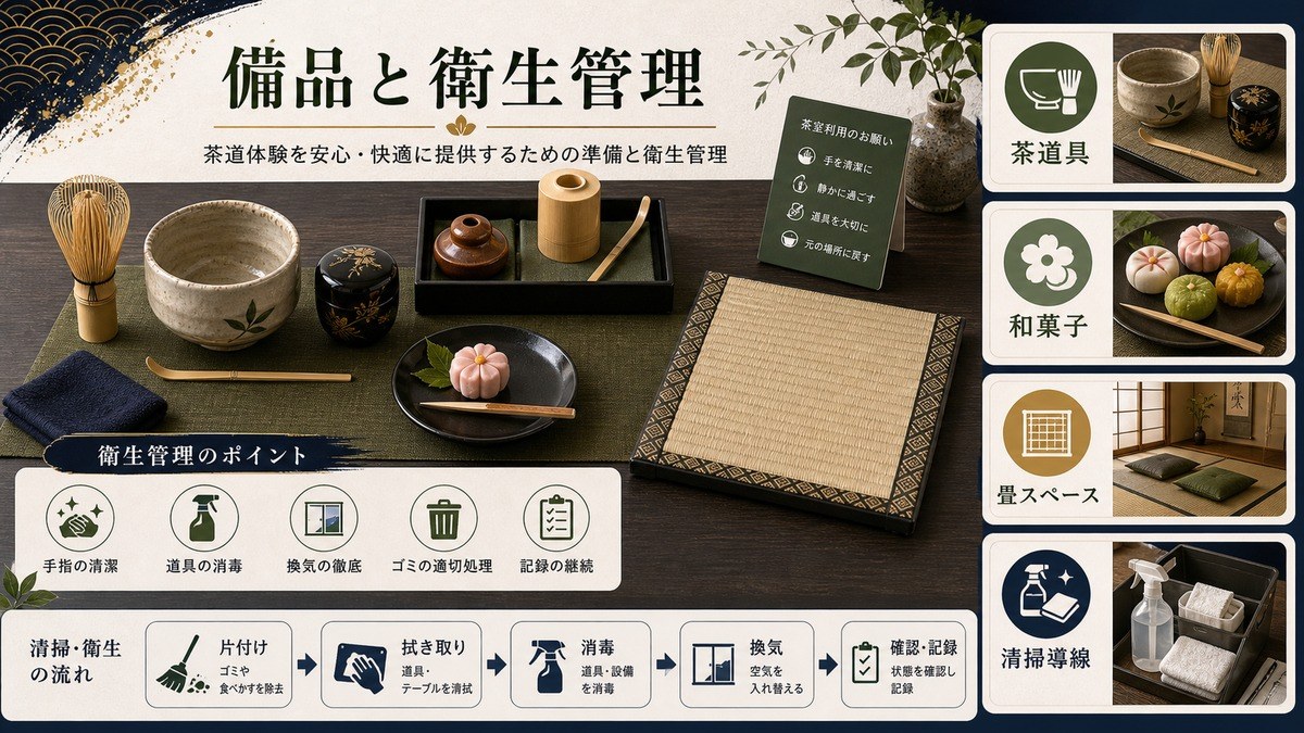 茶道具、お菓子、畳スペースと清掃衛生管理を整理した図解