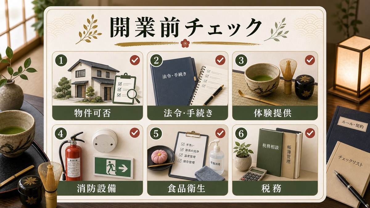茶道体験向け民泊の開業前チェックリストを整理した図解