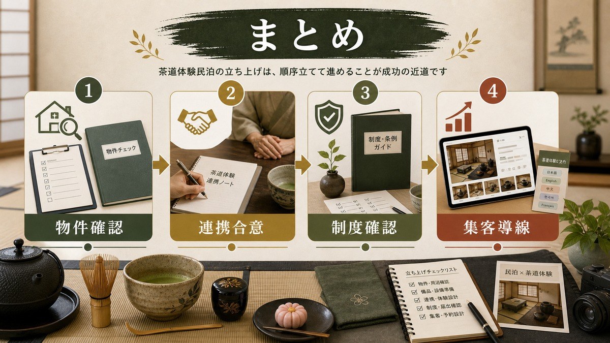 茶道体験型民泊を段階的に立ち上げる実務手順をまとめた図解