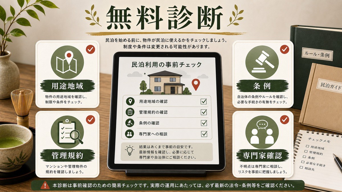 民泊可否の無料診断で確認する用途地域、管理規約、条例の図解