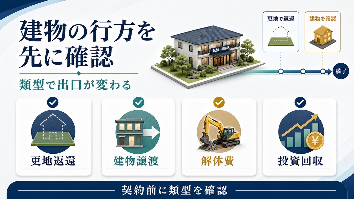 定期借地権は類型により更地返還か建物譲渡か出口が変わることを示す図解