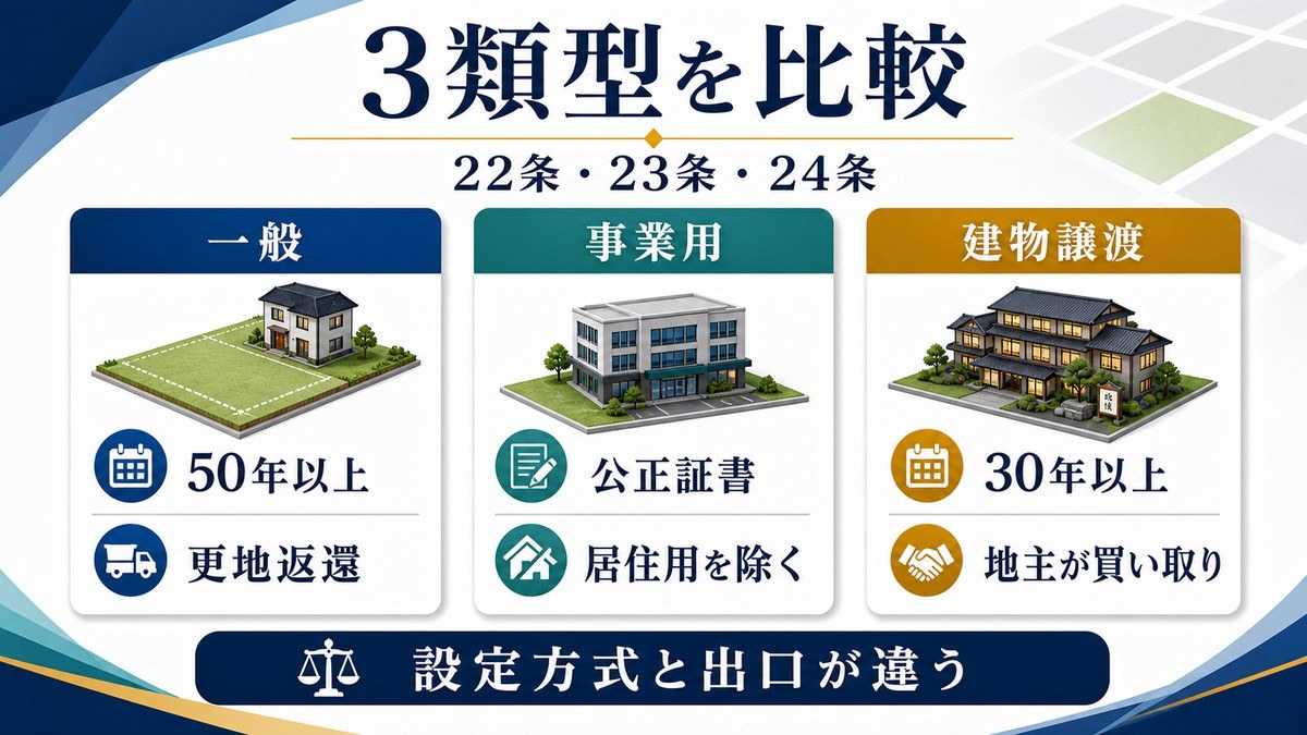 一般定期借地権、事業用定期借地権、建物譲渡特約付借地権の違いを比較する図解