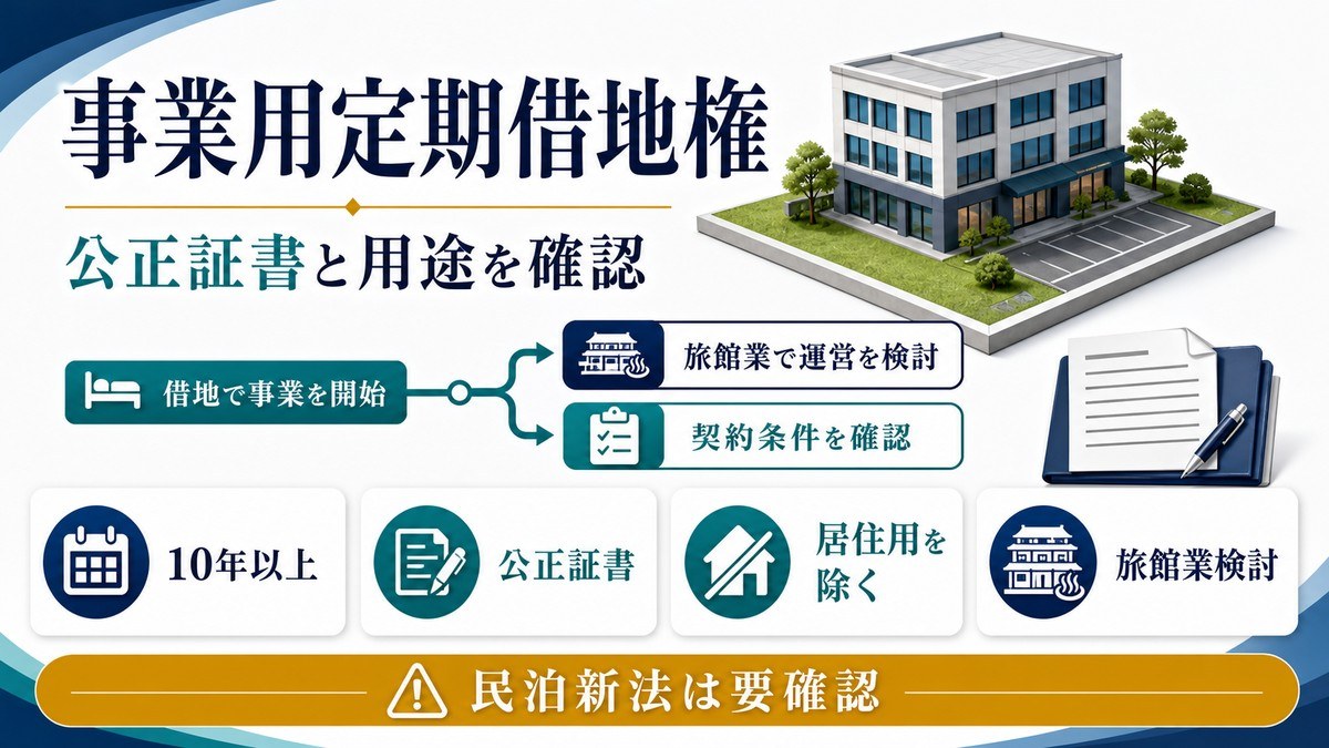 事業用定期借地権は公正証書と用途確認が重要で民泊新法は要確認であることを示す図解