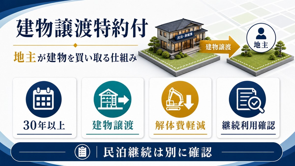 建物譲渡特約付借地権では地主が建物を買い取る仕組みを示す図解
