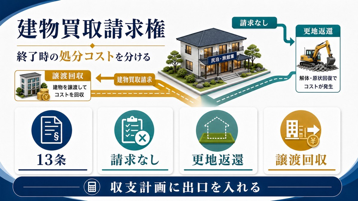 建物買取請求権の有無が終了時の建物処分コストを分けることを示す図解