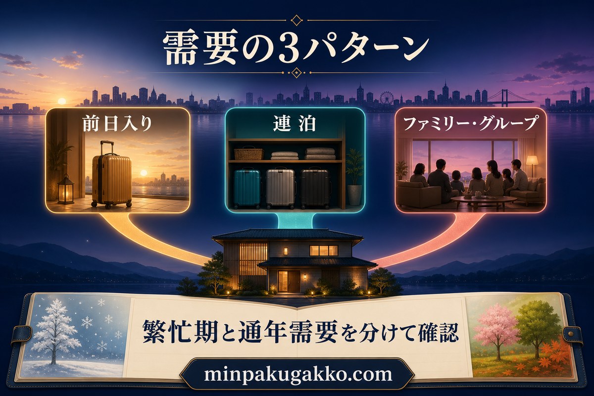 テーマパーク周辺民泊の需要を前日入り、連泊、ファミリー・グループの三つに分けて確認する図