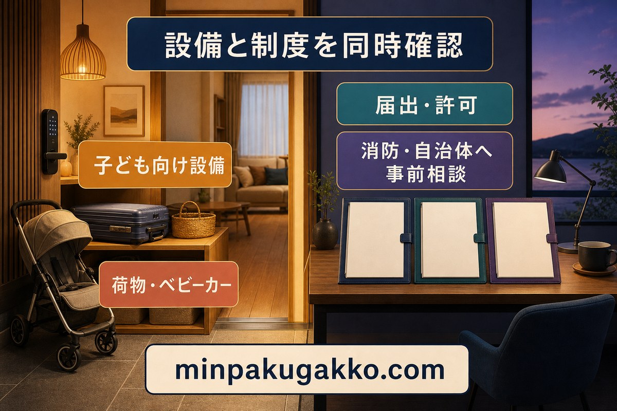 子ども向け設備と荷物対応を整え、届出・許可、消防、自治体への事前相談を同時に進める図