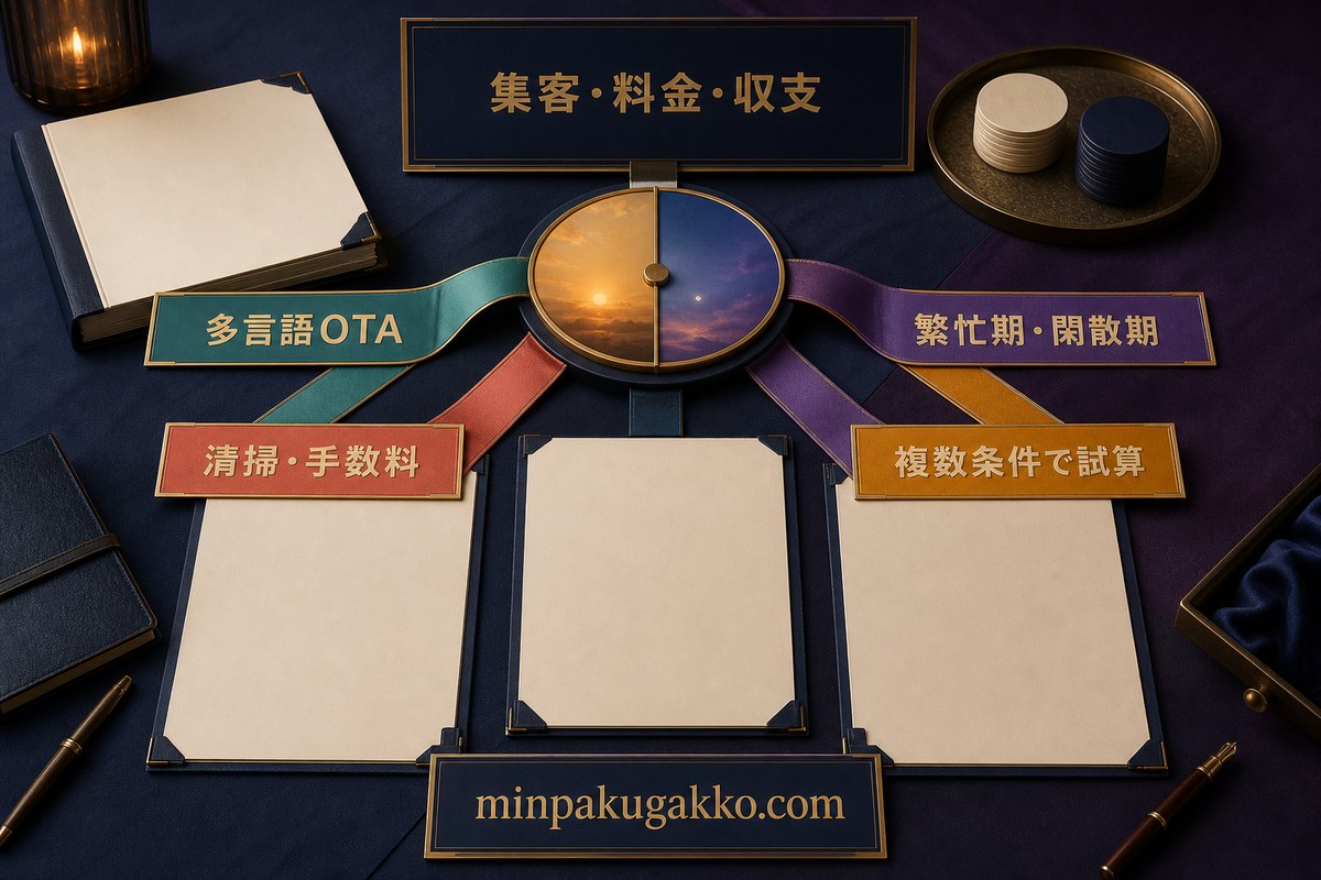 多言語OTA、繁忙期と閑散期、清掃費と手数料を分けて複数条件で収支を試算する図