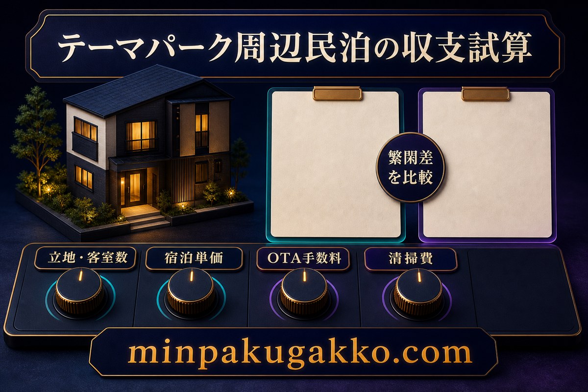 立地、客室数、宿泊単価、OTA手数料、清掃費からテーマパーク周辺民泊の繁閑差を比較する収支試算図
